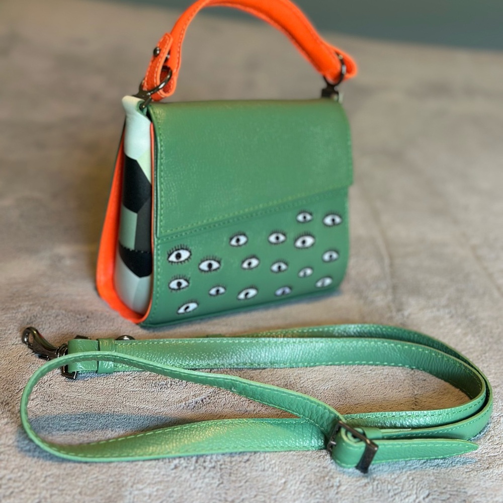 Min & Mon Green Leather Mini Bag with Orange Top Handle